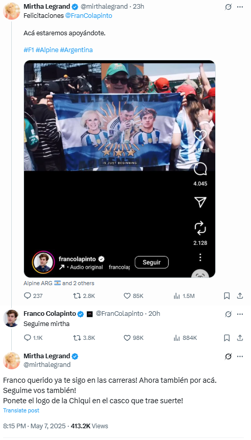 Mirtha y Colapinto en redes sociales.