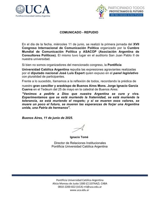 Repudio de la UCA  a Espert