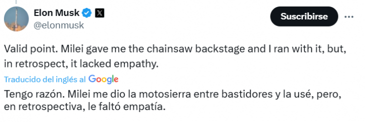 Elon Musk sobre la motosierra de Milei.