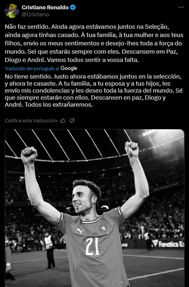 Cristiano Ronaldo en redes sociales sobre Diogo Jota.