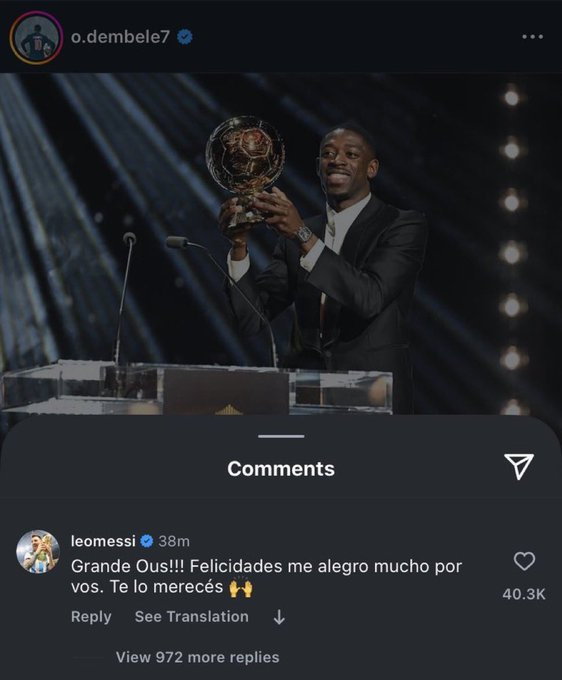 Messi felicitó a Dembelé por el Balón de Oro