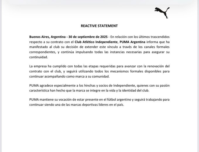 Puma y el comunicado para Independiente.
