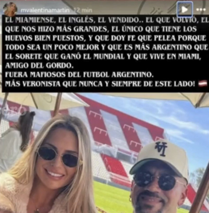 El mensaje de la esposa de Verón en redes sociales.