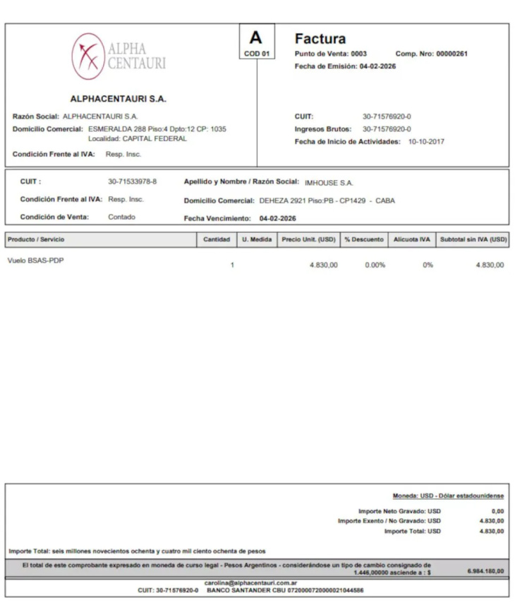 Factura del viaje de Adorni.